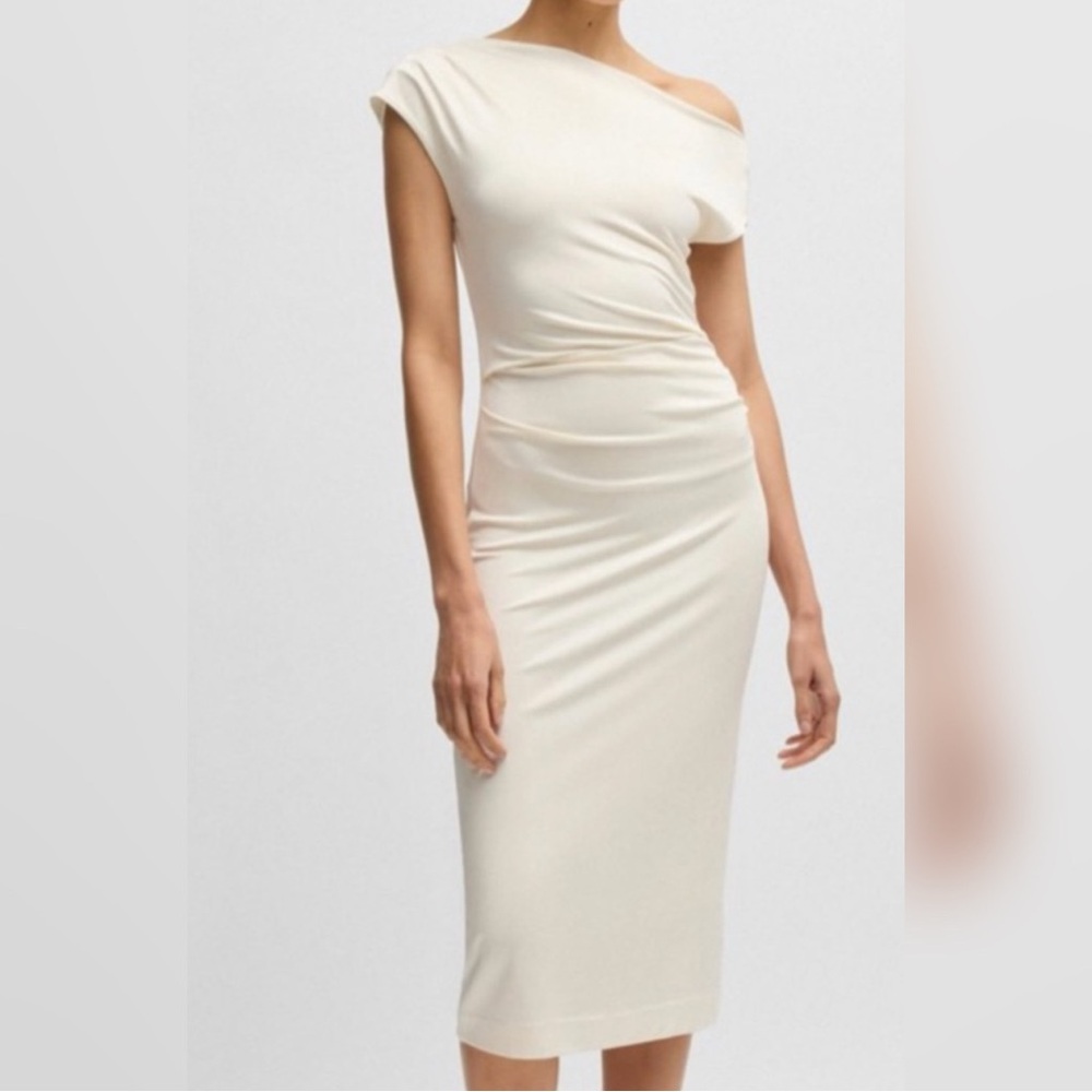 Hugo Boss Off-Shoulder Cream Midi Dress